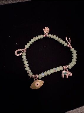 Green Beaded Charm Bracelet with Eye & Elephant Charms